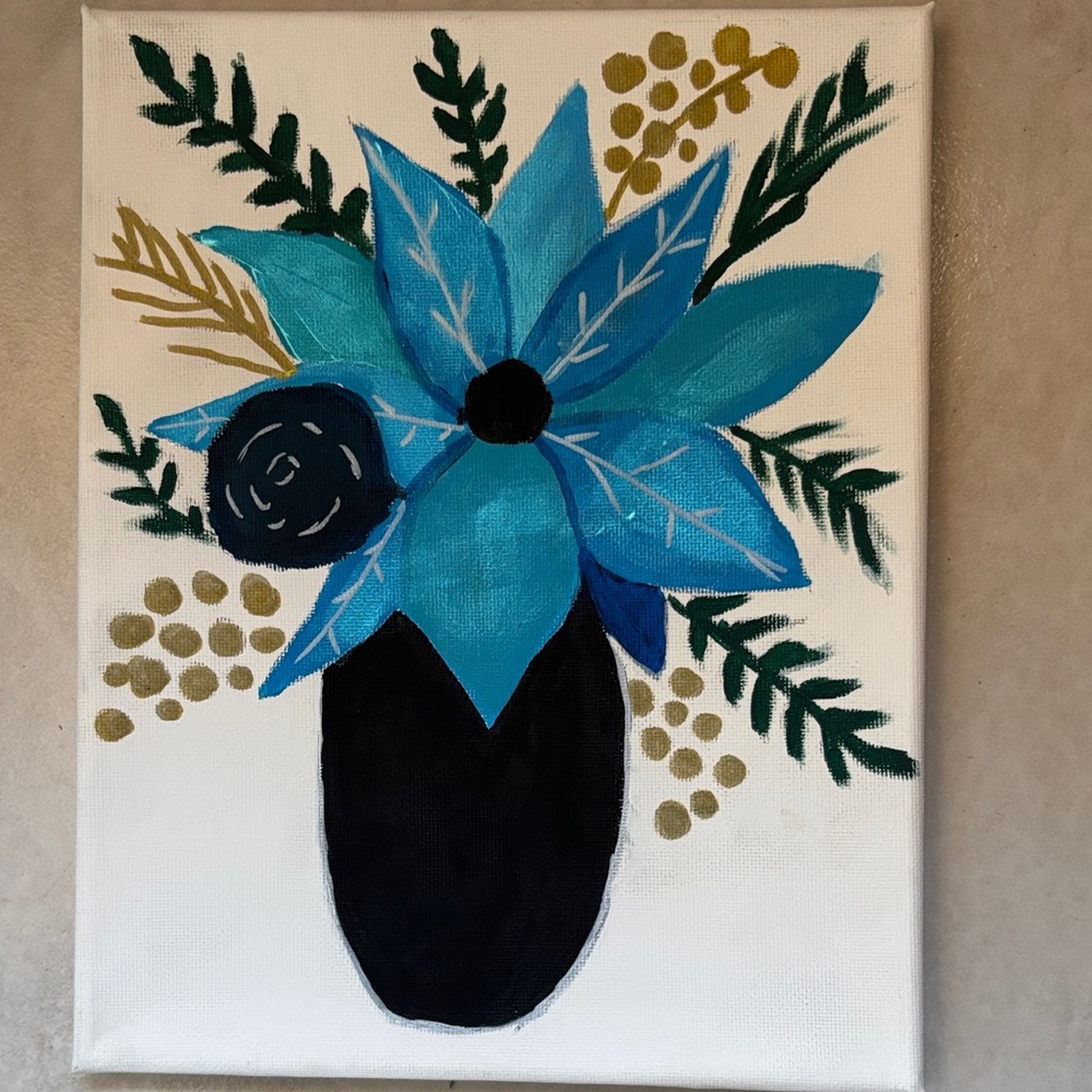 Floral Canvas Art with Blue and Black Accents